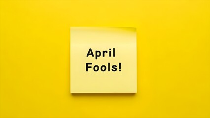 A yellow post-it note with 'April Fools!' written on it against a bright yellow background with a subtle shadow effect.