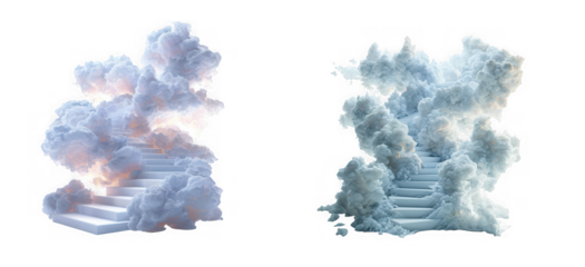 Two fluffy cloud formations resembling staircases ascending toward the light on transparent background high quality professional