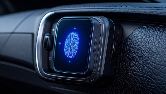 Compact biometric fingerprint scanner with screen and buttons, black and gray modern design on white background - Powered by Adobe