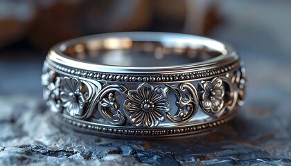 Ornate Silver Ring with Floral Design.