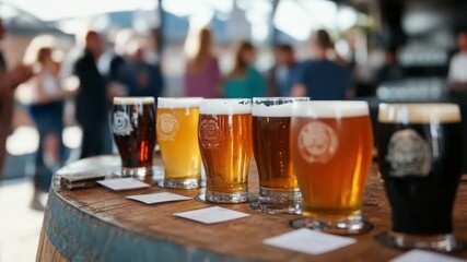 Enjoy a variety of craft beers in this vibrant scene. Each glass represents a unique flavor. Discover the art of brewing in every sip. Generative AI