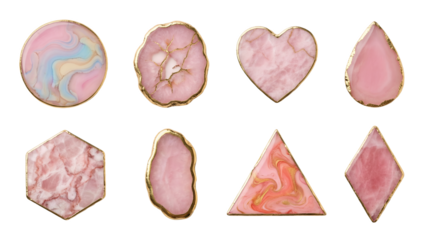Rose quartz agate coasters set including round, heart, hexagon, triangle, and teardrop shapes with gold trim isolated. Luxury home decor and stationery accessories.
