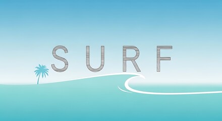 Surf illustration ocean wave palm tree and text on a gradient blue background