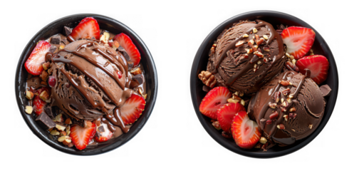 Two delectable bowls of rich chocolate ice cream garnished with strawberries and nuts on transparent background