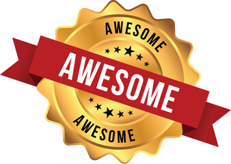 Golden Awesome Award Badge with Red Ribbon and Stars Isolated on White Background for Achievement and Recognition