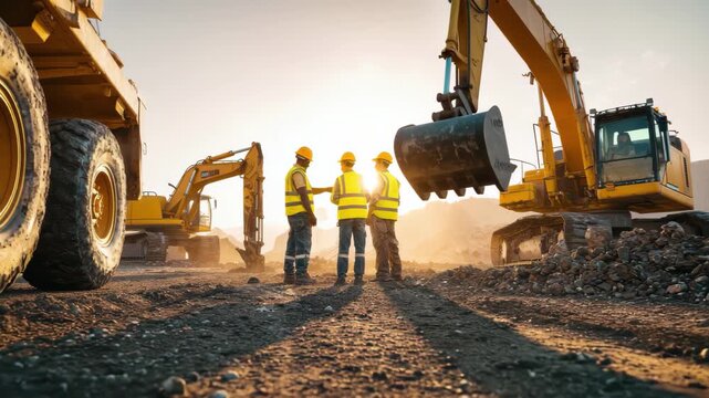 Three construction workers in highvisibility vests and hard hats discussing plans at a dusty mining or heavy construction site during sunset with large yellow machinery, 4k video