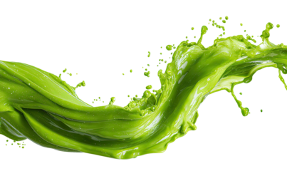 Green paint splashes and swirls dynamically on a black background
