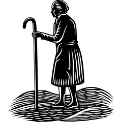 Elderly woman with walking stick