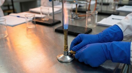 Scientist in blue protective gloves lighting a Bunsen burner during a practical experiment in a chemistry laboratory setting.