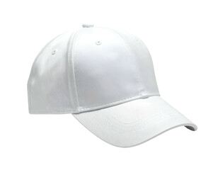 A plain white baseball cap on black background, showcasing its brim and panels