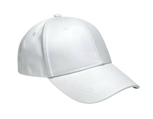 A pristine white baseball cap, a classic headwear design, isolated