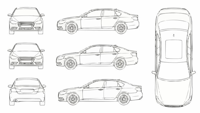 Car Blueprint - Front, Side, and Top Views.