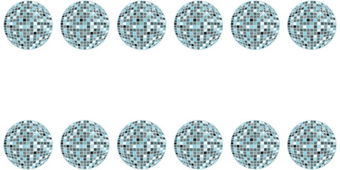 Realistic disco ball empty Frame isolated white background. Vector illustration of disco ball Frame for holiday party banner poster placard. Perfect retro disco ball border with copy space. 