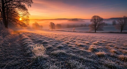 Sunrise over frosted field landscape with trees and soft morning light