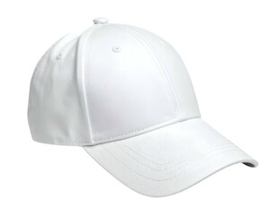 White baseball cap with visor, seen from the side, on a black background