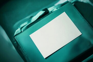 Close up of blank emergency contact list card placed in a green kit with copy space for important information and details for safety preparedness
