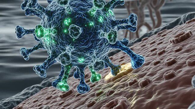 A virus approaching a host cell, its surface proteins glowing as they drift through extracellular fluid. The virus slowly attaches to a receptor on the membrane