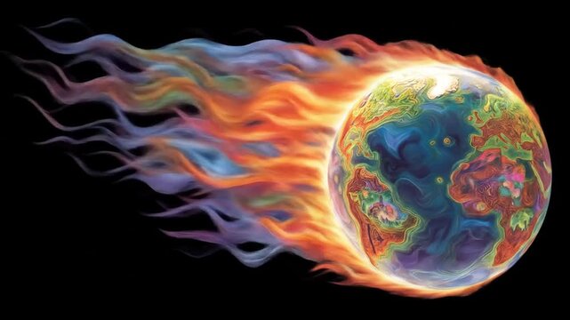 A globe ablaze with fiery colors, detailed landmasses amidst swirling flames, set against an inky black backdrop