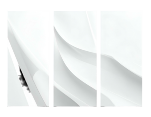 Three panel abstract art featuring fluid white curved forms with shadows