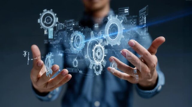 Business person presents floating gear icons and cloud connections representing automation