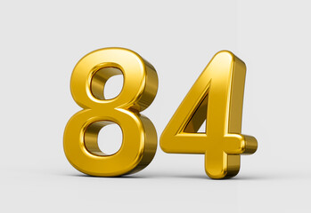 Golden metallic 3D number 84 with bold glossy radiant shine. 3d illustration