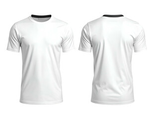 Front and back view of a white crew neck t-shirt with dark collar
