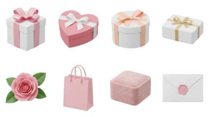 Pink and white gift box set including heart, round, square shapes, rose, shopping bag, jewelry case, and envelope isolated. Valentines day and wedding celebration collection.