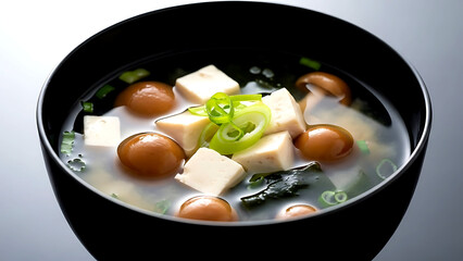 haute cuisine. authentic Japanese nameko miso soup, the glossy, gelatinous nameko mushrooms, cubed tofu floating in a clear dashi broth with scallions, seaweed 