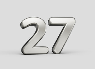 Sleek gray 3D number 27 featuring soft reflections and a contemporary visual style. 3D illustration