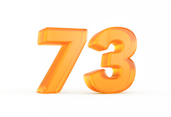 Vivid orange number 73 with a bright reflective surface and smooth texture. 3D illustration.