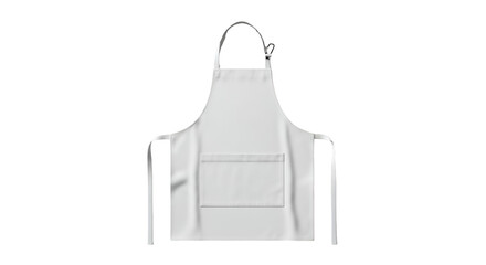 White, cotton apron, centered on black. Front view, pocket, hanging strap