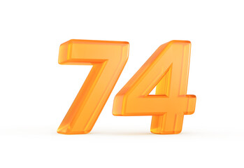 Vivid orange number 74 with a bright reflective surface and smooth texture. 3D illustration.