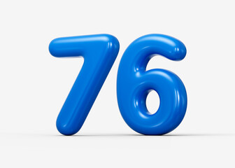 Shiny blue 3D number 76 styled with bold glossy edges and smooth finish. 3d illustration