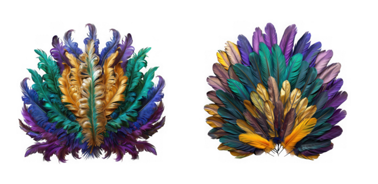 Two vibrant and colorful feather plumes with intricate details and a fantastical design on transparent background - Powered by Adobe