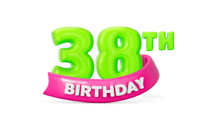 38th Birthday celebration typography design with glossy neon green balloon. 3d illustration