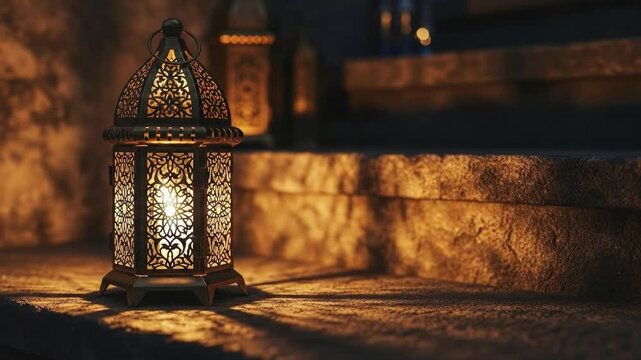 Decorative lantern illuminated on stone steps low angle