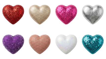 Heart ornaments set including glitter, sequins, foil, beads, crystals, and iridescent finishes isolated. Romantic decoration and valentines collection.