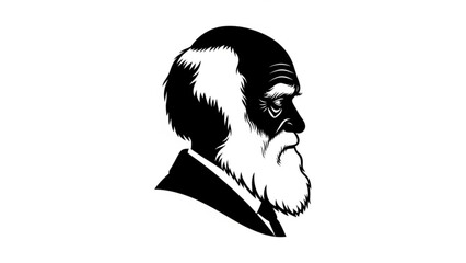 A black and white vector illustration of Charles Darwin's profile