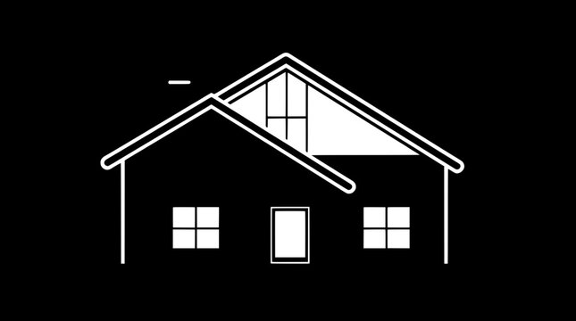 Black home silhouette icon with clean lines and simple shapes, featuring white interior linework that defines the home's architectural details, presented in a flat minimalist vector style, with a fron