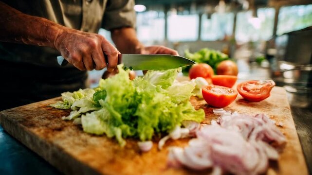 Hands skillfully slice vegetables in a kitchen setting showing culinary technique fresh ingredients meal prep and everyday food culture creating a compelling scene suitable for commercial projects and