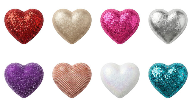 Heart ornaments set including glitter, sequins, foil, beads, crystals, and iridescent finishes isolated. Romantic decoration and valentines collection.