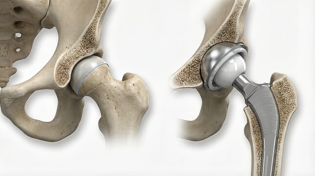 Detailed anatomical illustration of hip joint, showcasing natural bone structure alongside advanced prosthetic hip implant, emphasizing medical innovation and rehabilitation concepts