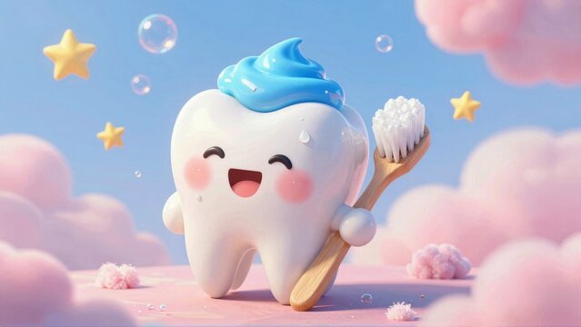 Happy cartoon tooth with blue toothpaste holding toothbrush