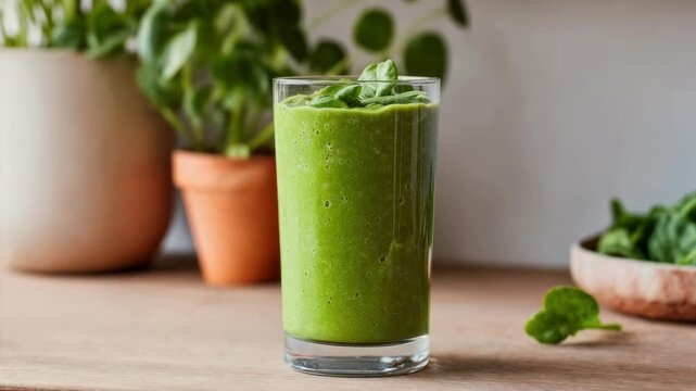 A tall glass filled with rich green smoothie stands on a kitchen surface near herbs and vegetables conveying freshness wellness clean eating superfood trends and stylish modern nutrition imagery for h