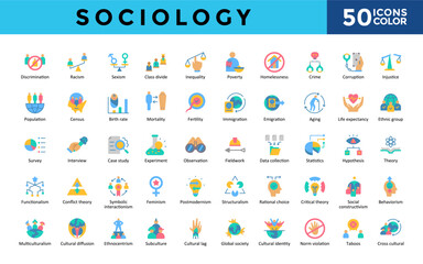 Sociology icons set with crime, corruption, injustice, ethnocentrism, subculture, cultural lag icon. Simple flat color vector 
