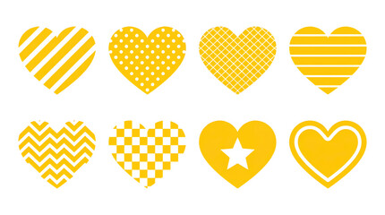 Yellow heart set including striped, polka dot, checkered, and star pattern variants isolated. Decorative love and romance graphic collection.