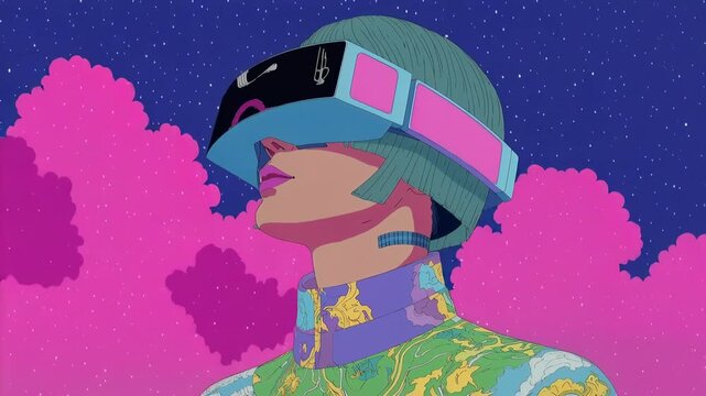 A stylized woman wearing bright virtual reality glasses stands against a dreamy sky with clouds reflecting playful metaverse gaming futuristic entertainment and creative digital lifestyle in a bold il