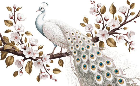 Graceful albino peacock bird with long decorative feathers and white flowers isolated on white background.