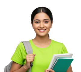 a young Indian female student in a grey sweatshirt holding colorful notebooks against a pastel pink studio background.