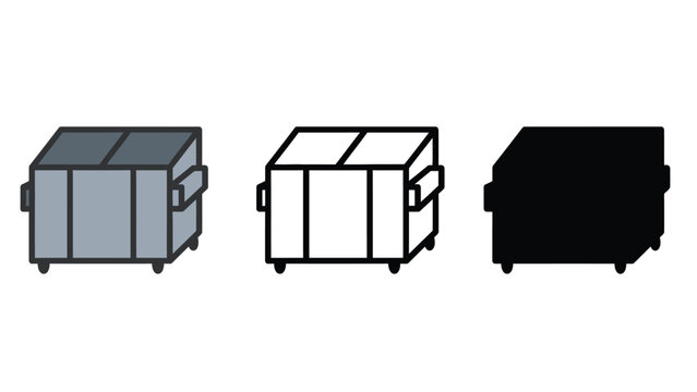 Three different colored dumpster icons in various styles